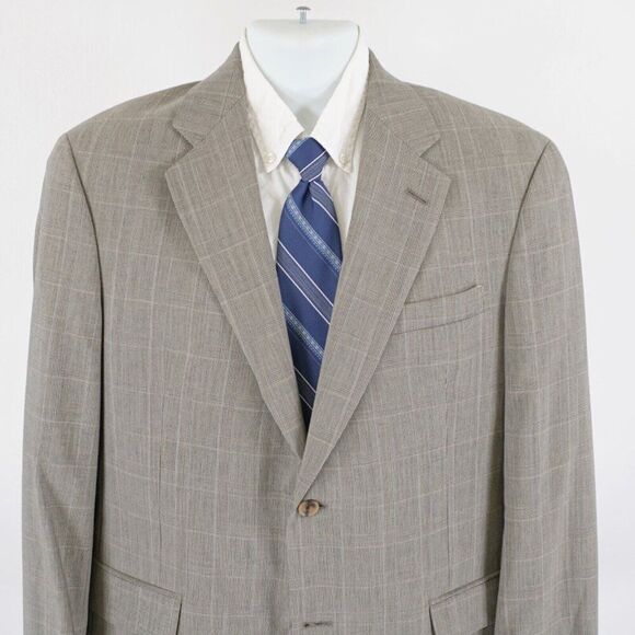 Tommy Hilfiger Worsted Wool Tan Plaid W/ Blue Windowpane 40R 2 Button Sport Coat - Picture 1 of 13